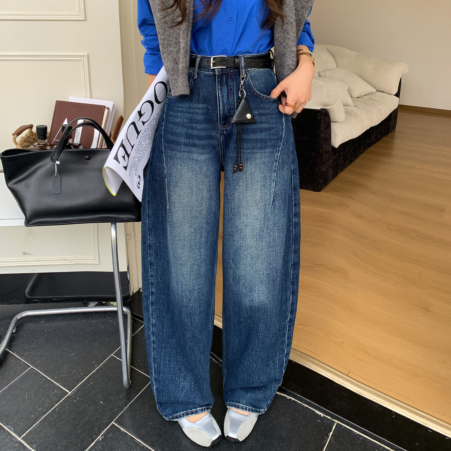 秋季宽松显瘦女牛仔弯刀裤阔腿裤