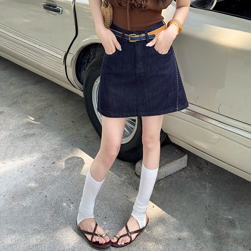 2026夏新款JEANS阿凡牛5107深蓝色欧货高腰显瘦A字四分女牛仔短裙