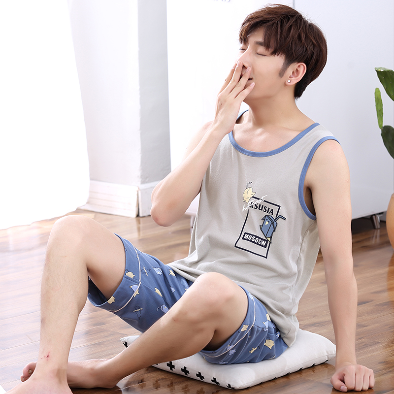 男士睡衣夏季纯棉短袖薄款背心青少年可爱男式夏天家居服全棉套装