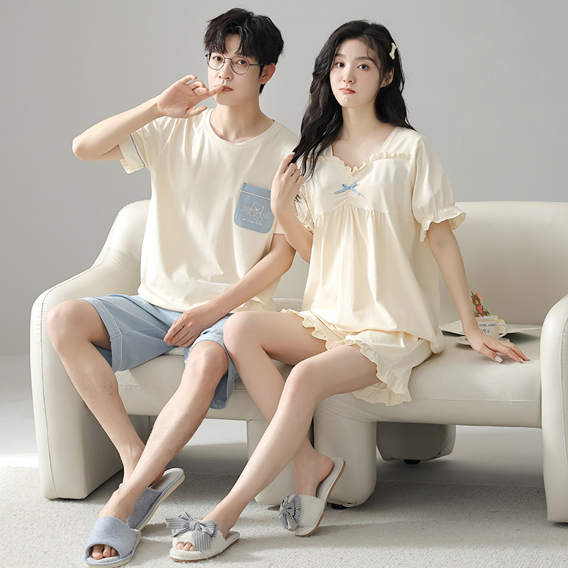 高档纯棉情侣睡衣夏款短袖短裤薄款女士甜美男士100%棉家居服套装