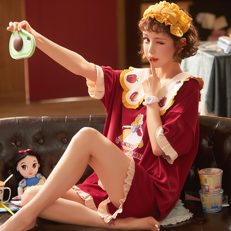 睡衣女夏季纯棉薄款大码短袖短裤红色可爱休闲可出门套装家居服女