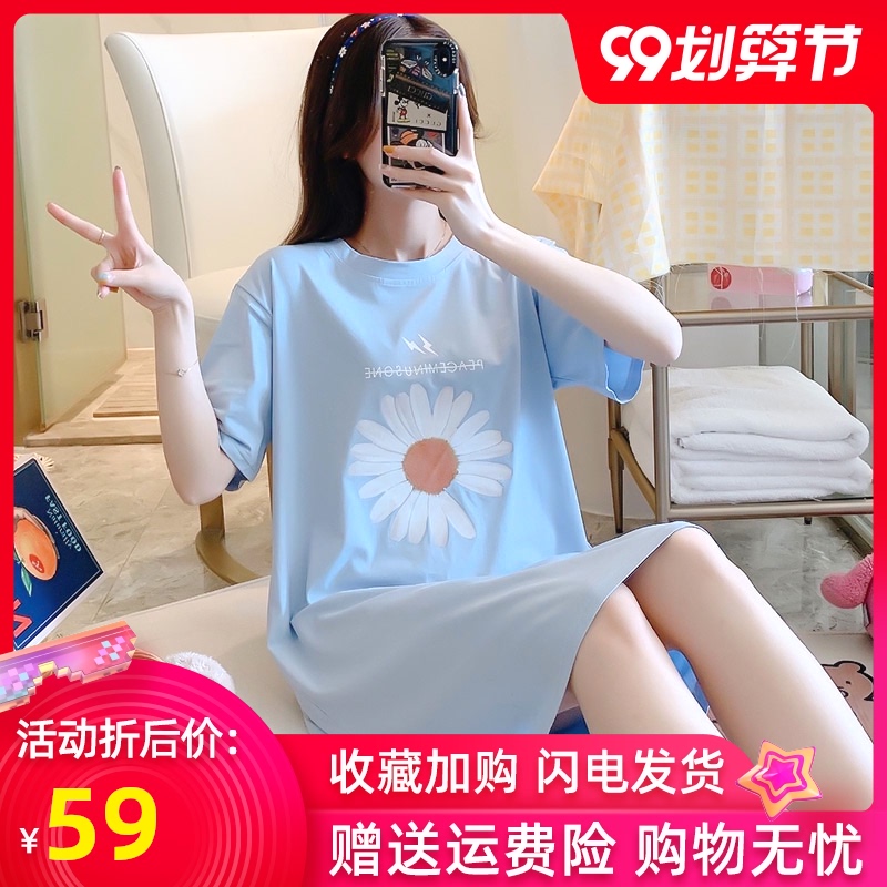 睡裙女夏季年新款纯棉短袖可爱全棉日系夏天薄款长款过膝睡衣
