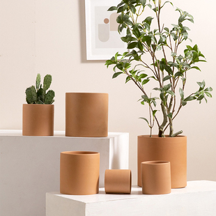 圆柱直筒红陶花盆简约北欧透气透水可手绘多肉绿萝盆栽陶瓷泥瓦盆