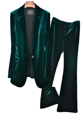 春秋新款墨绿色金丝绒时尚修身面试职业西装套装小西服大码两件套