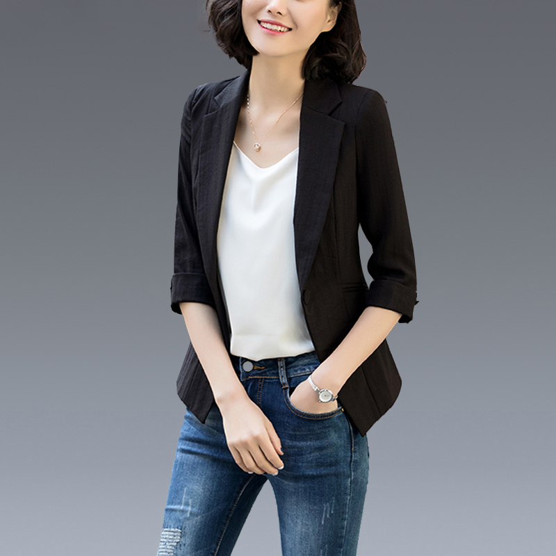 夏天休闲短款七分袖小西装外套女棉麻薄款修身中袖女式西服上衣夏