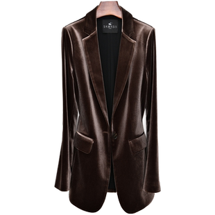 2025春季新款咖色金丝绒修身显瘦时尚微喇裤套装高端丝绒外套西服