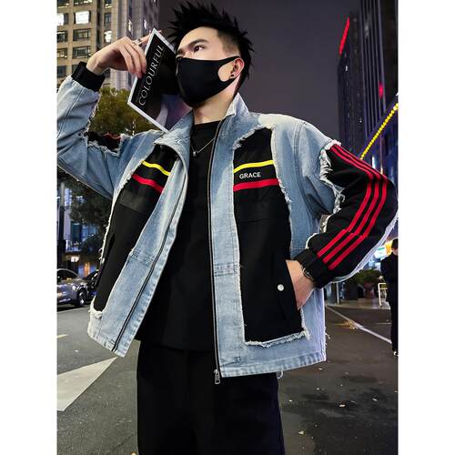 牛仔外套男款条纹拼接夹克2026新款爆款设计感美式休闲上衣男装秋