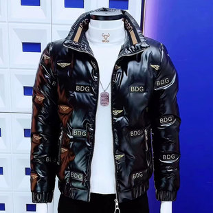 羽绒服轻薄痞帅修身 拼色立领男士 保暖棉衣 时尚 潮牌字母外套男冬季