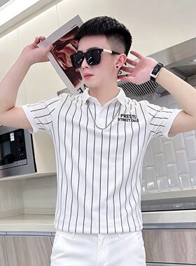 夏季polo衫男新款修身韩版男士短袖竖条纹网红半截袖百搭翻领t恤