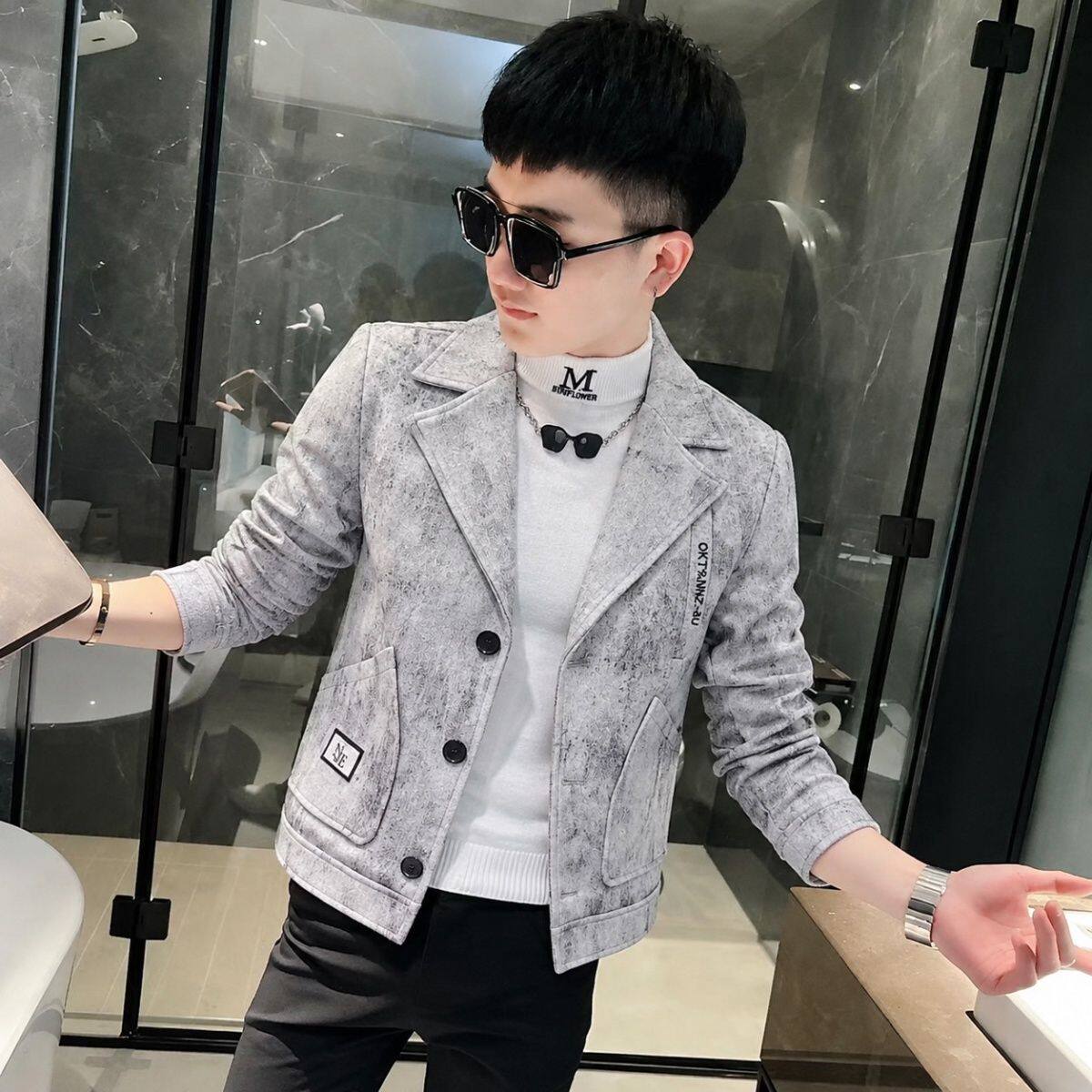 秋冬高级呢子外套时尚短款韩版西装新款修身毛呢青年痞帅男士夹克