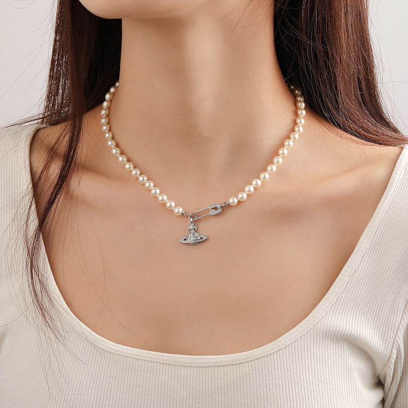 经典满钻西太后珍珠项链别针复古锁骨链时尚小众轻奢土星项链手链