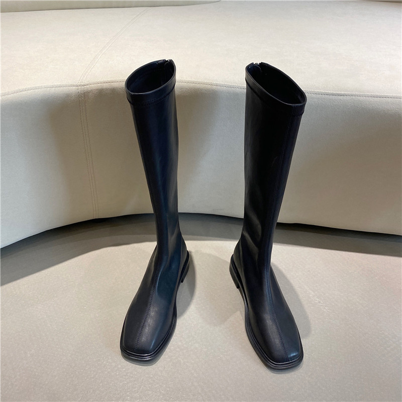 低跟高筒皮靴女英伦风百搭2025新款不过膝皮靴网红显瘦长筒骑士靴,女鞋,时装靴,淘宝优惠券,粉丝福利购,淘宝优惠卷