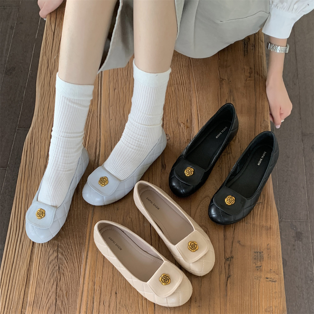 单鞋女平底小香风2026年新款菱格纹奶奶鞋韩版一脚蹬低跟玛丽珍鞋,女鞋,浅口单鞋,淘宝优惠券,粉丝福利购,淘宝优惠卷