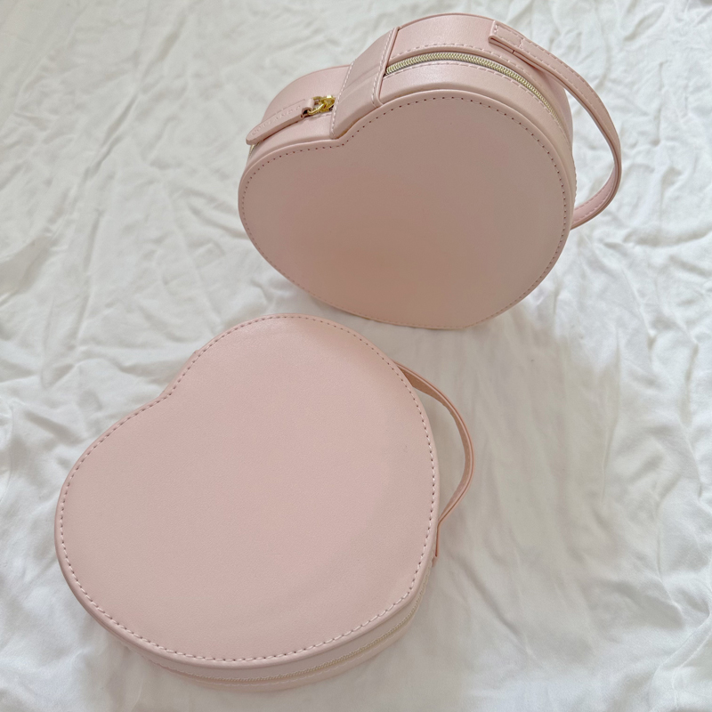 原D 奶油粉高级感法式裸色爱心手提便携 戒指项链耳环收纳首饰盒