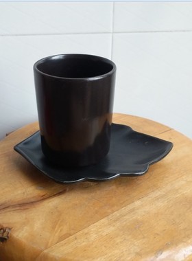 4套包邮陶瓷黑色直筒圆柱杯树叶托家居家用套装水杯茶杯咖啡杯子