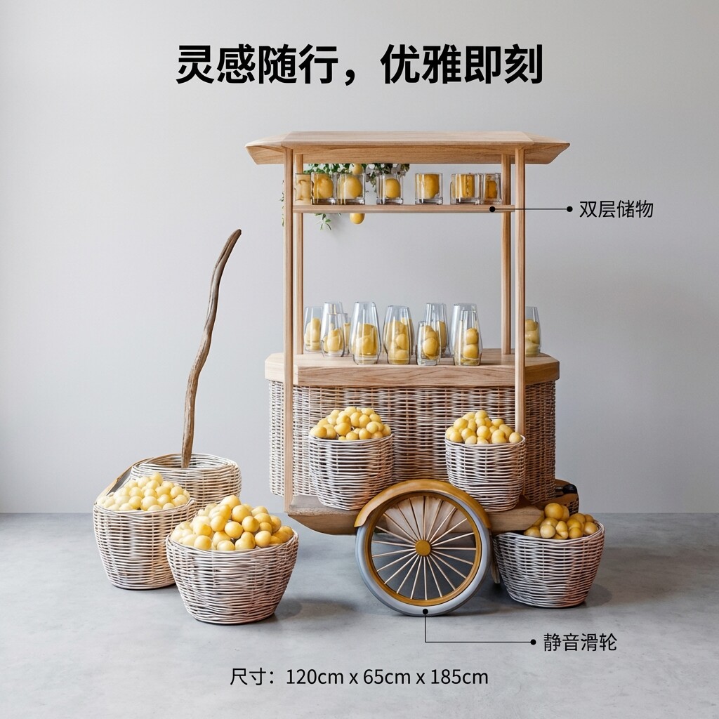 木质草编水果餐车摆摊车双层储物篮子车静音滑轮度假风