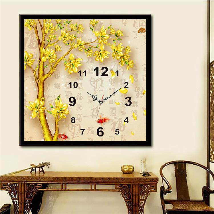 点贴钻石十字绣客厅餐厅金色玉兰花钟表挂钟2026新款自粘砖发财树