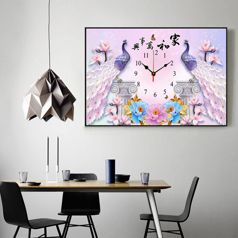 大格四股满绣印花十字绣新款客厅大画家和万事兴孔雀玉兰花挂钟表