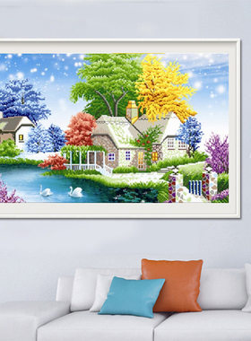 满钻悠然小居湖边小屋风景粘砖绣