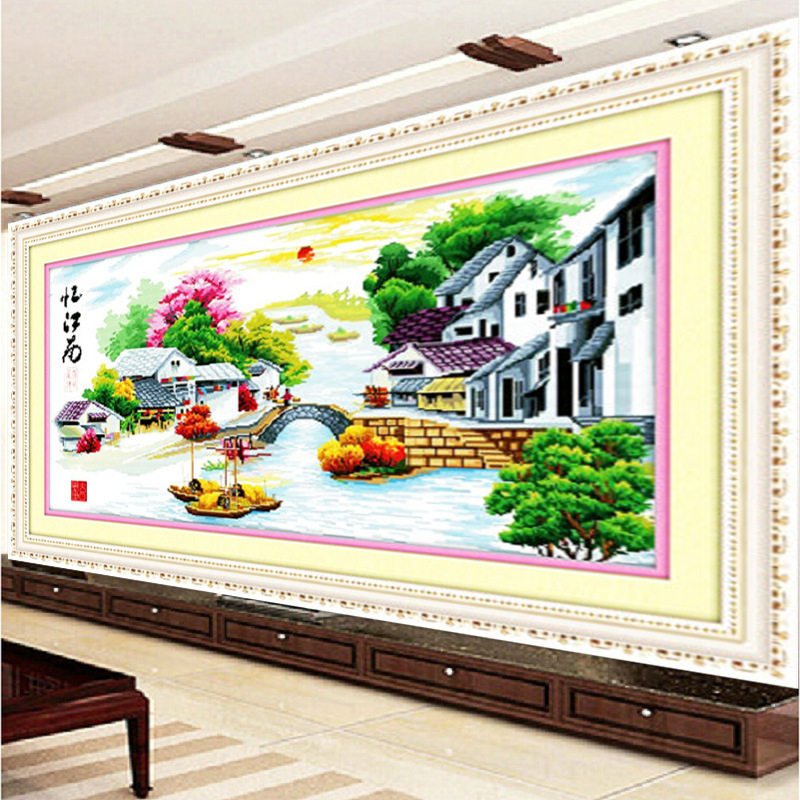 忆江南水乡小桥流水小屋新款客厅简约现代印花十字绣小幅线绣2021