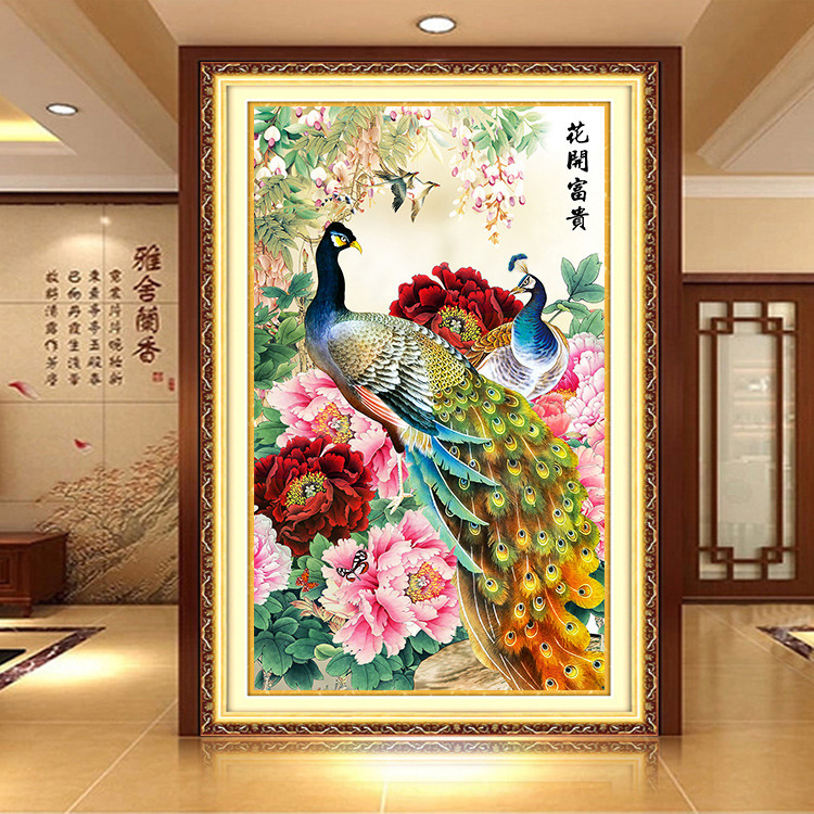 2025新款花开富贵孔雀客厅玄关竖版钻石画十字绣点钻粘贴圆钻砖石