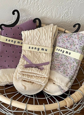 紫色碎花袜子女中筒袜秋日系可爱白色蝴蝶结中筒袜甜美复古花边袜