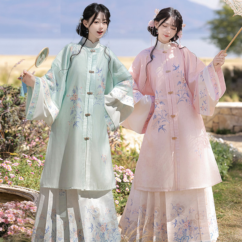 九笙原创【青山信】新款明制汉服女马面裙圆领长衫新中式日常套装