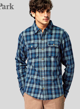 蓝绿格子美式工装衬衫重磅纯棉水洗磨毛男修身不缩水休闲长袖衬衣