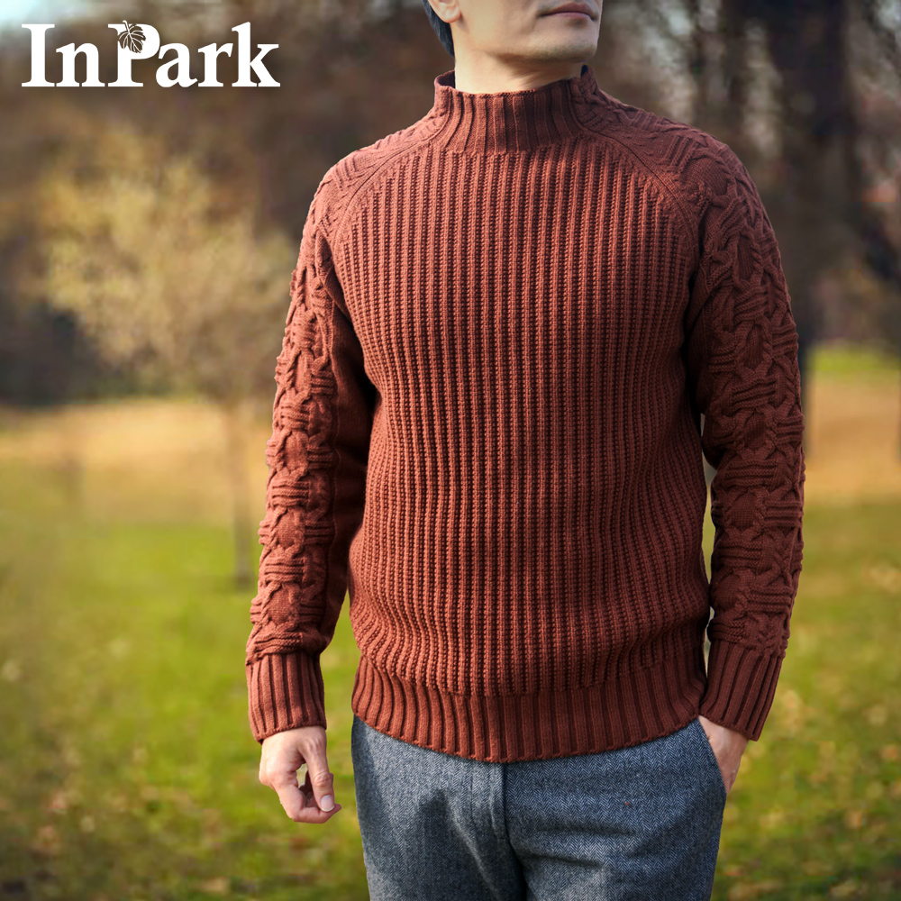 半高圆领棒针毛衣美式休闲复古质感厚实男宽松插肩羊毛粗线针织衫