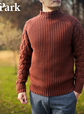 半高圆领棒针毛衣美式休闲复古质感厚实男宽松插肩羊毛粗线针织衫