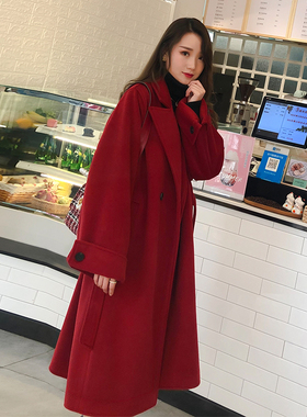 红色毛呢外套女呢子大衣女长款秋冬本命年大衣女加厚结婚胖mm大码