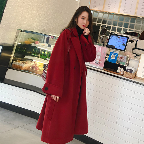 红色过膝新款冬季本命年毛呢外套