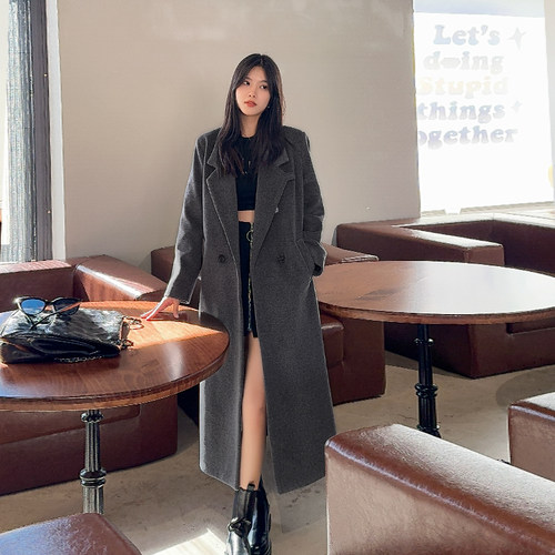 秋冬灰色长款过膝显瘦毛呢大衣