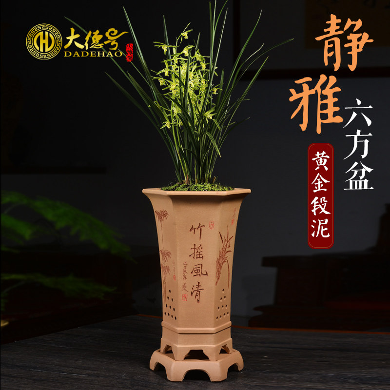 黄金段泥六方兰花盆带托盘宜兴陶瓷紫砂蓝草四季建兰春兰兰花专用