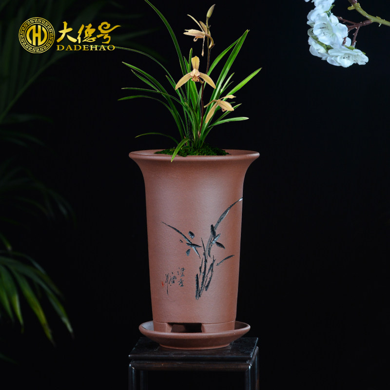 宜兴紫砂兰花盆陶瓷大小号透气吊兰家用兰草君子兰专用花盆带托盘