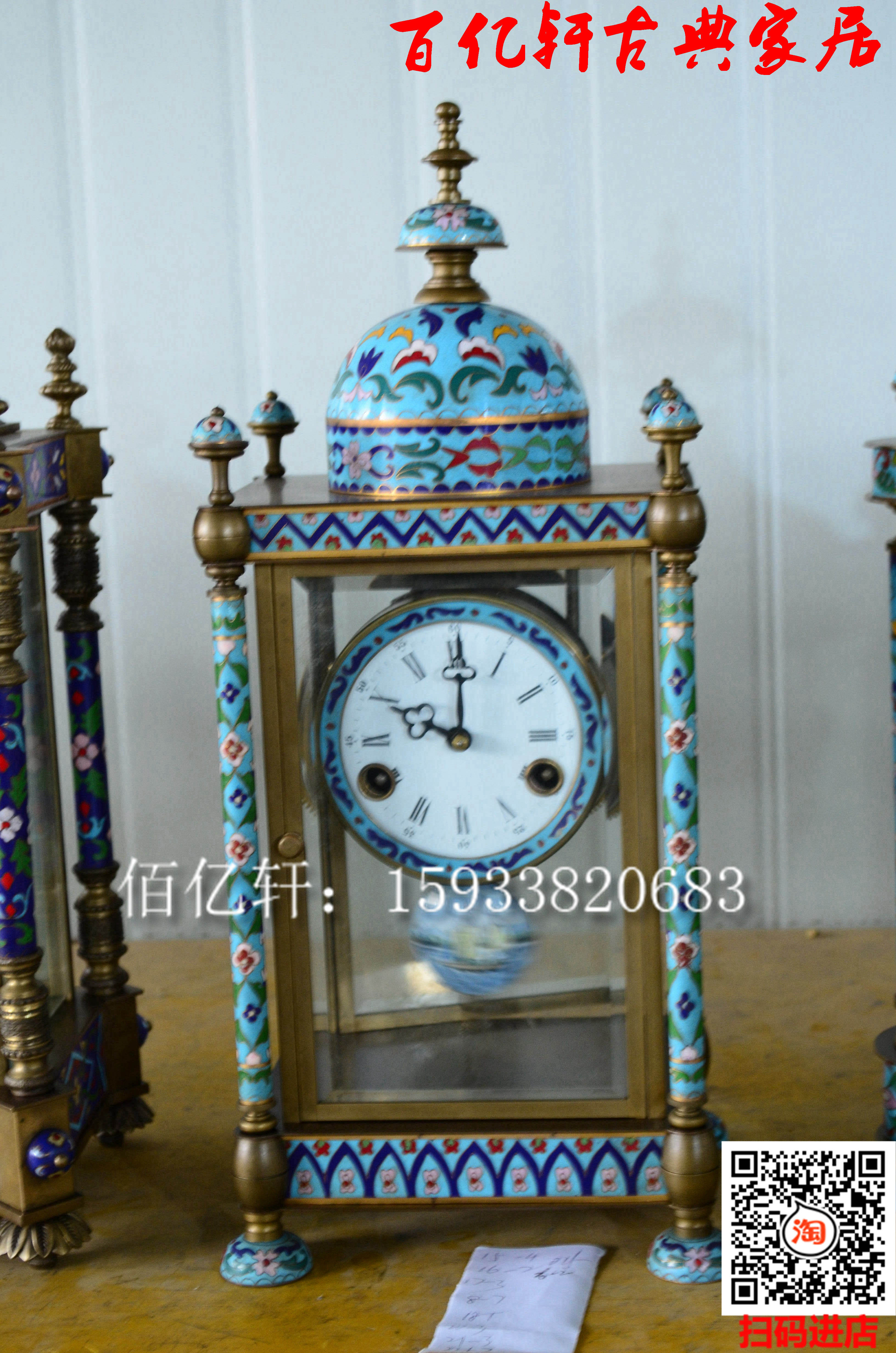 景泰蓝座钟黄铜机械古典亭式报时台钟样板间电影道具壁炉别墅装饰