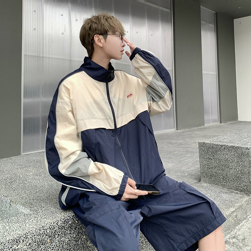 复古撞色休闲运动立领防晒衣套装户外单人新款学生班服