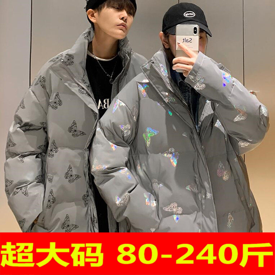 秋冬超大码情侣面包服网红ins潮牌七彩反光羽绒棉衣男女加肥棉服