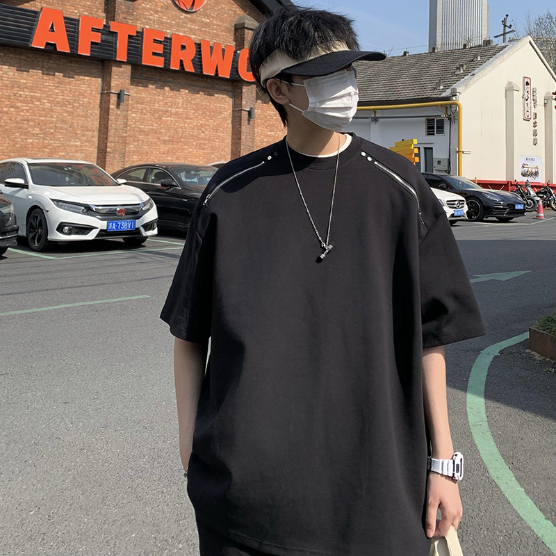夏季简约重磅纯色套装拉链装饰宽松休闲套装单人学生班服加肥加大