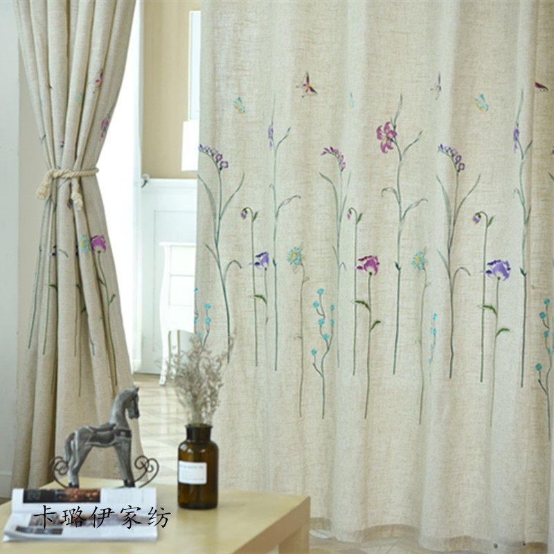 简约现代客厅窗帘刺绣绣花定制亚麻混纺飘窗卧室阳台遮光成品窗帘