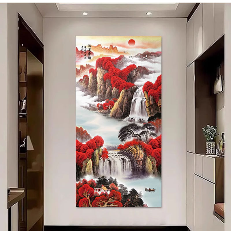 鸿运当头竖款画壁画走廊尽头中式玄关装饰画山水自贴画墙贴画壁纸