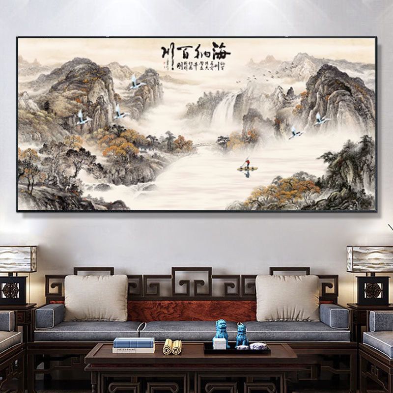 客厅山水自粘装饰画办公室海纳百川墙纸富春山居图风景背景墙壁画