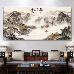 客厅山水自粘装饰画办公室海纳百川墙纸富春山居图风景背景墙壁画