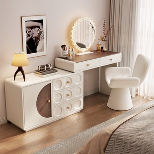 2025新款实木中古奶油风梳妆台卧室现代简约斗柜收纳柜一体化妆桌
