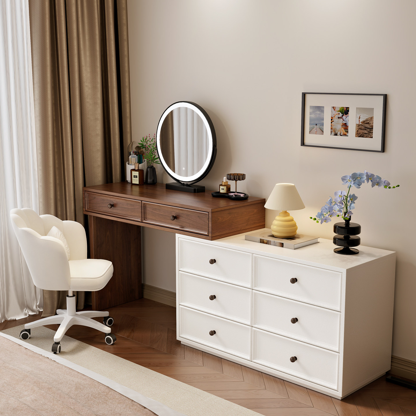 实木梳妆台卧室现代简约2026年中古奶油收纳柜床尾伸缩斗柜化妆桌