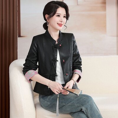 n72秋季中年洋气皮衣女盘扣唐装妈妈装皮夹克中老年女装a07皮外套