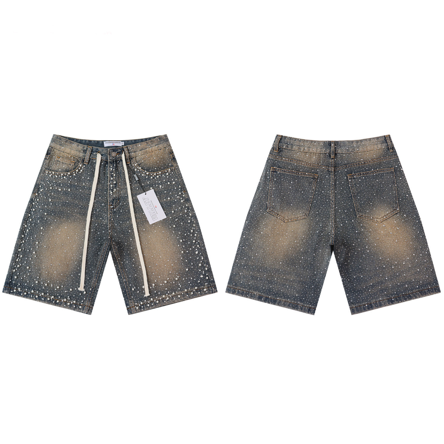 thumbnail for Vale Valley Retro Rhinestone-Embellished Washed Denim Pants for Men and Women, Loose Straight-Leg Street Casual Shorts