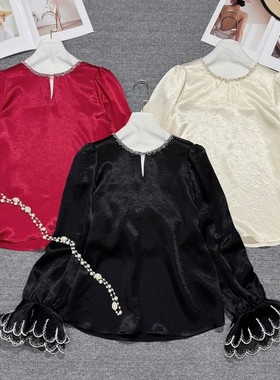 LC6年早春时尚轻奢真醋酸钉珠亮片赫本风花瓣䄂小衫YS74-G405