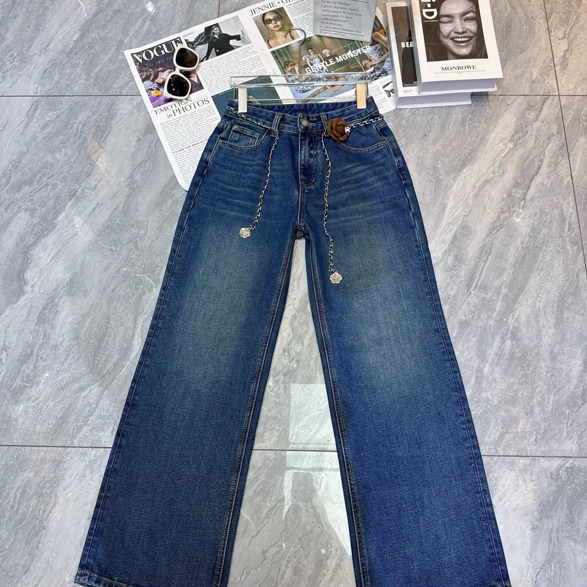 LC冬上新高级感玫瑰链条高腰显瘦牛仔裤(配腰链)YS1-xx7077