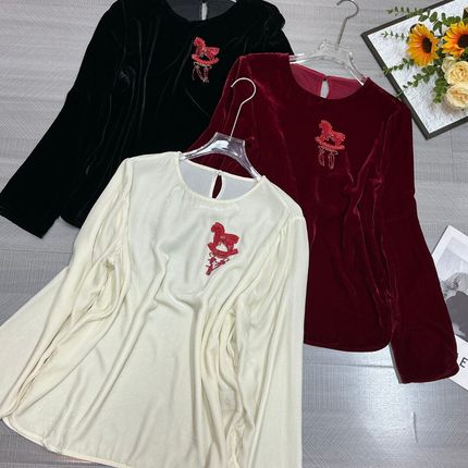 LC工钉珠立体小马工艺简约时尚百搭真丝丝绒小衫YS108-G208